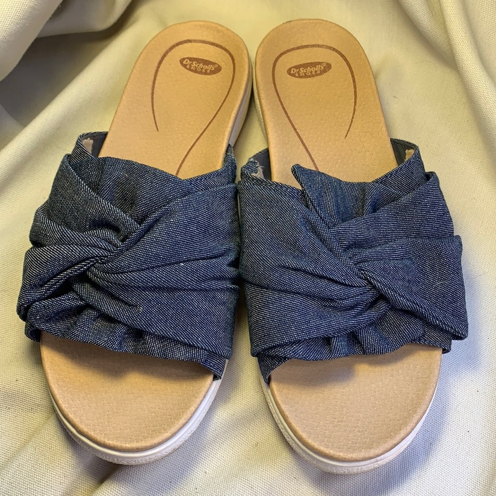 Dr Scholls denim/jeans tie/bow slide ins, perfect!